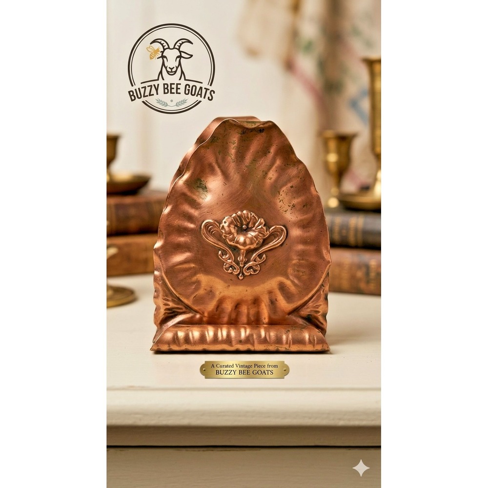 VINTAGE GREGORIAN SOLID COPPER NAPKIN HOLDER FLOWER LEAF SIGNED 1970S